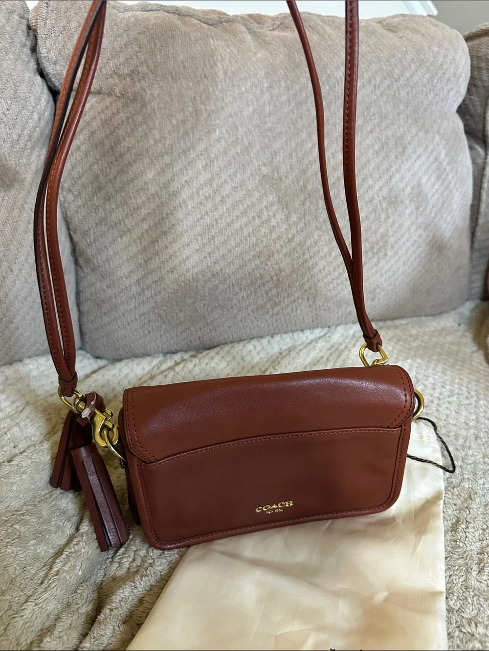 Coach Brown Leather Crossbody with Tassel and Signature Turnlock